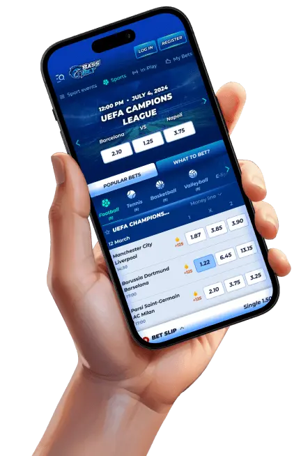 BassBet sportsbook web app open on a phone, showing UEFA Champions League odds